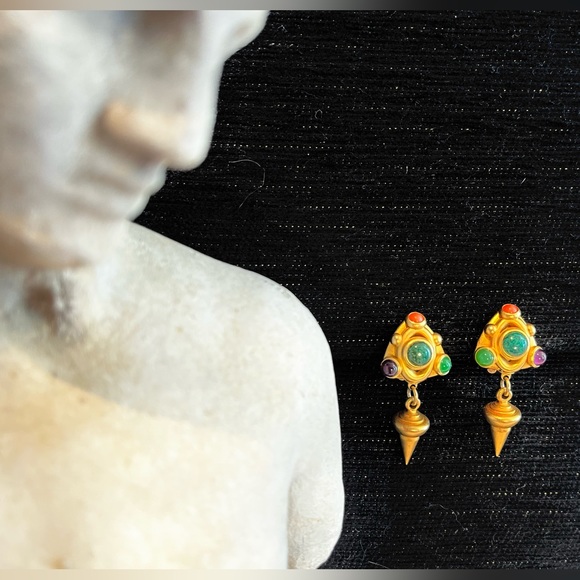 Vintage NATASHA STAMBOULI Byzantine-style Dangle Clip Earrings, mid 80’s - Picture 2 of 6